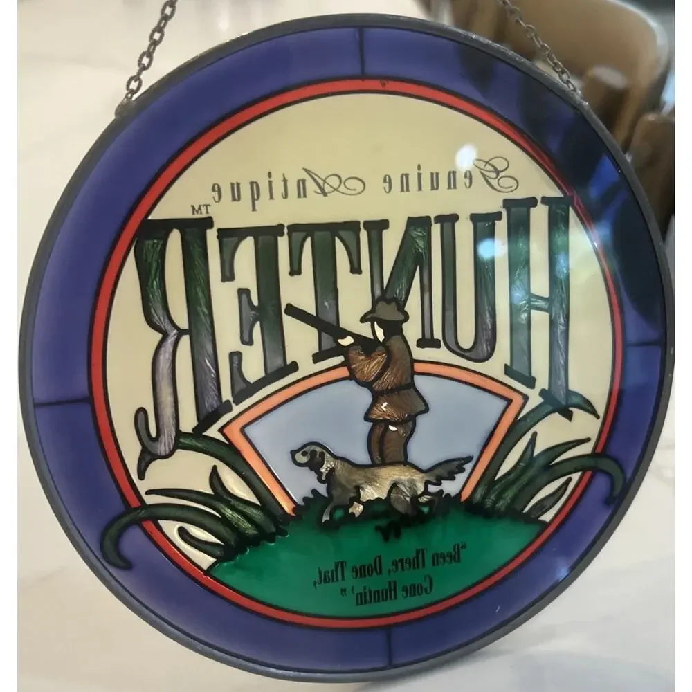 GENUINE ANTIQUE HUNTER Stained Glass Round Wall Hanger‎ Artist ANDE ROONEY